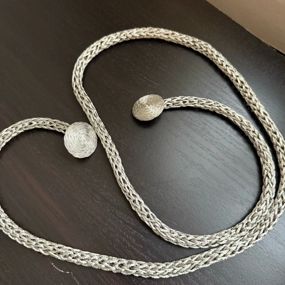 Vintage Silver Braided Rope Belt 70s Boho Glam w/ Hook Closure 46”